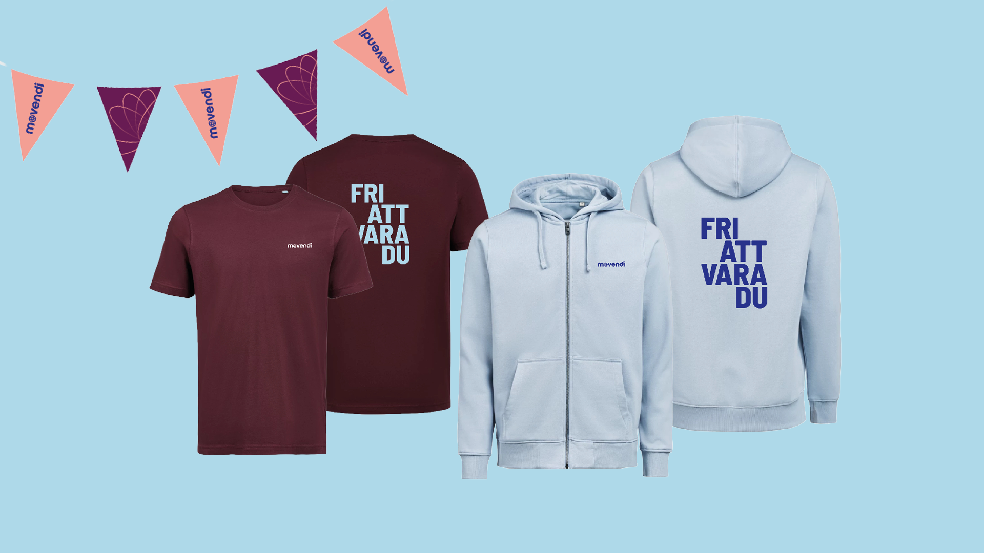 Visualisering av Movendis nya profilprodukter. En tshirt i vinröd med "fri att vara du" text i ljusblått samt en hoodie i ljusblått med "fri att vara du" text i mörkare blå.