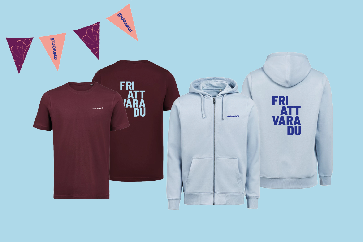 Visualisering av Movendis nya profilprodukter. En tshirt i vinröd med "fri att vara du" text i ljusblått samt en hoodie i ljusblått med "fri att vara du" text i mörkare blå.